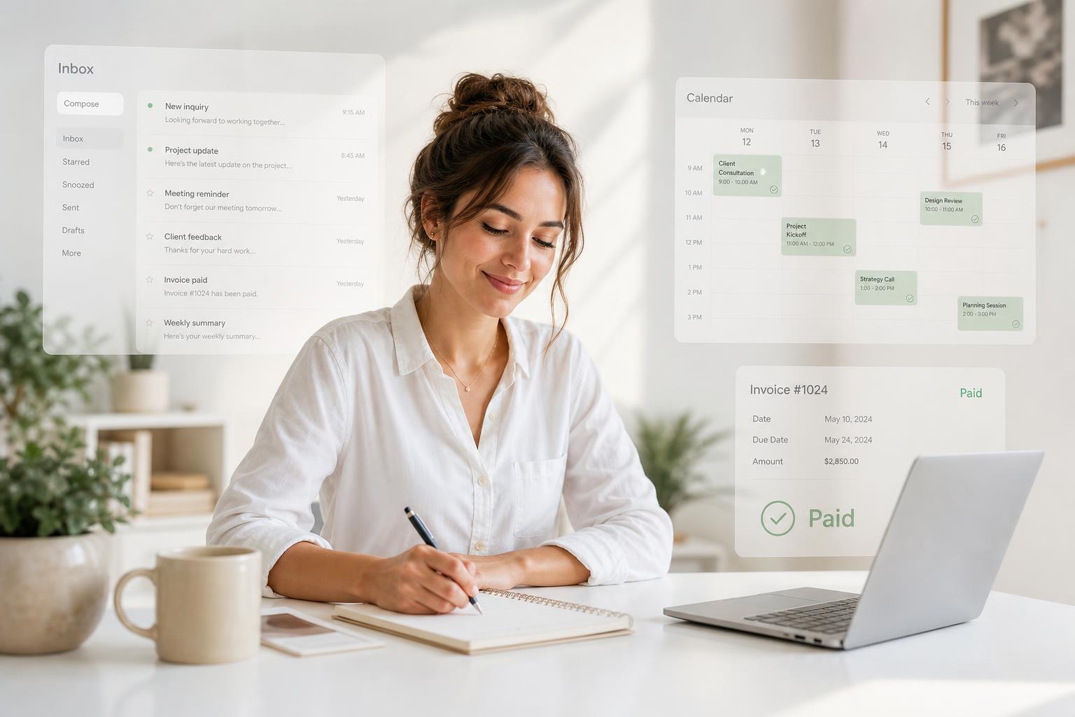 A small business owner relaxed at her laptop while an AI fellow handles her inbox, calendar, and invoice reminders in the background.