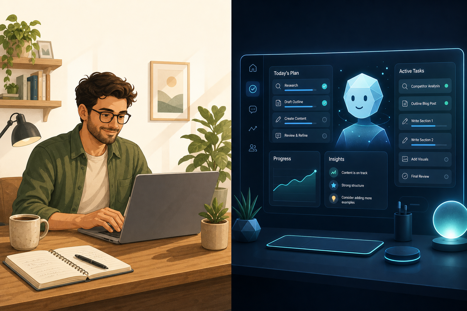 Side-by-side illustration comparing a human freelancer at a laptop and an AI fellow dashboard with glowing avatar.