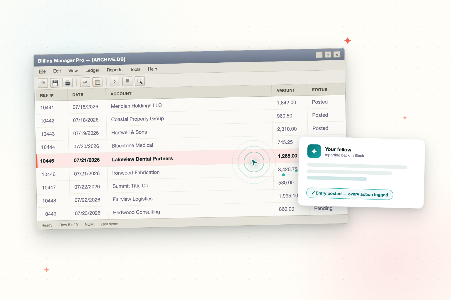 Illustration of a legacy desktop application window with dense data rows, and a glowing AI fellow cursor actively working inside it.