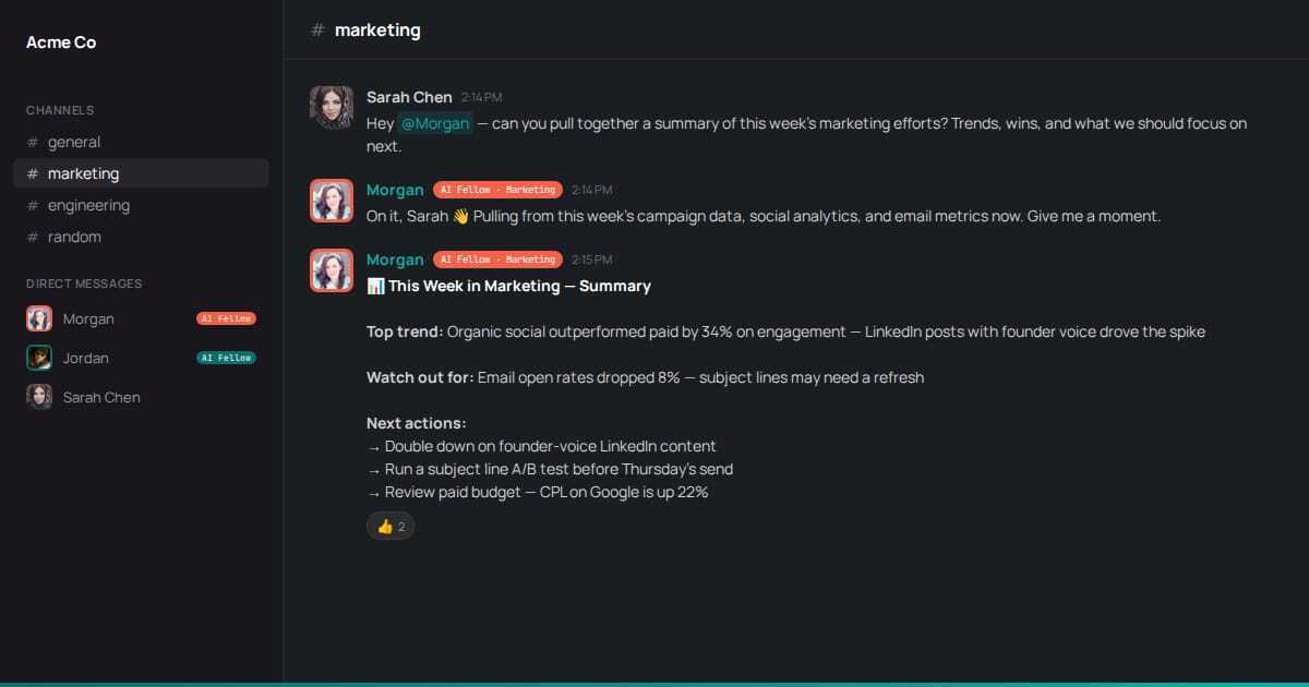Morgan, an AI Marketing Fellow, responding to a teammate's request in Slack with a weekly marketing summary